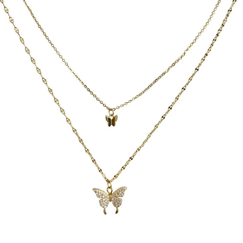 ANENJERY 925 Sterling Silver CZ Butterfly Necklace: Double Layer Dainty Jewelry