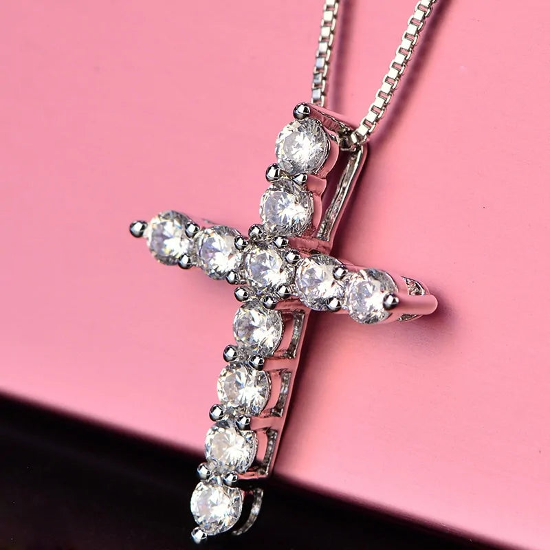 Crystal Cross Pendant Silver Chain Necklace - Fashionable Women's Jewelry Gift